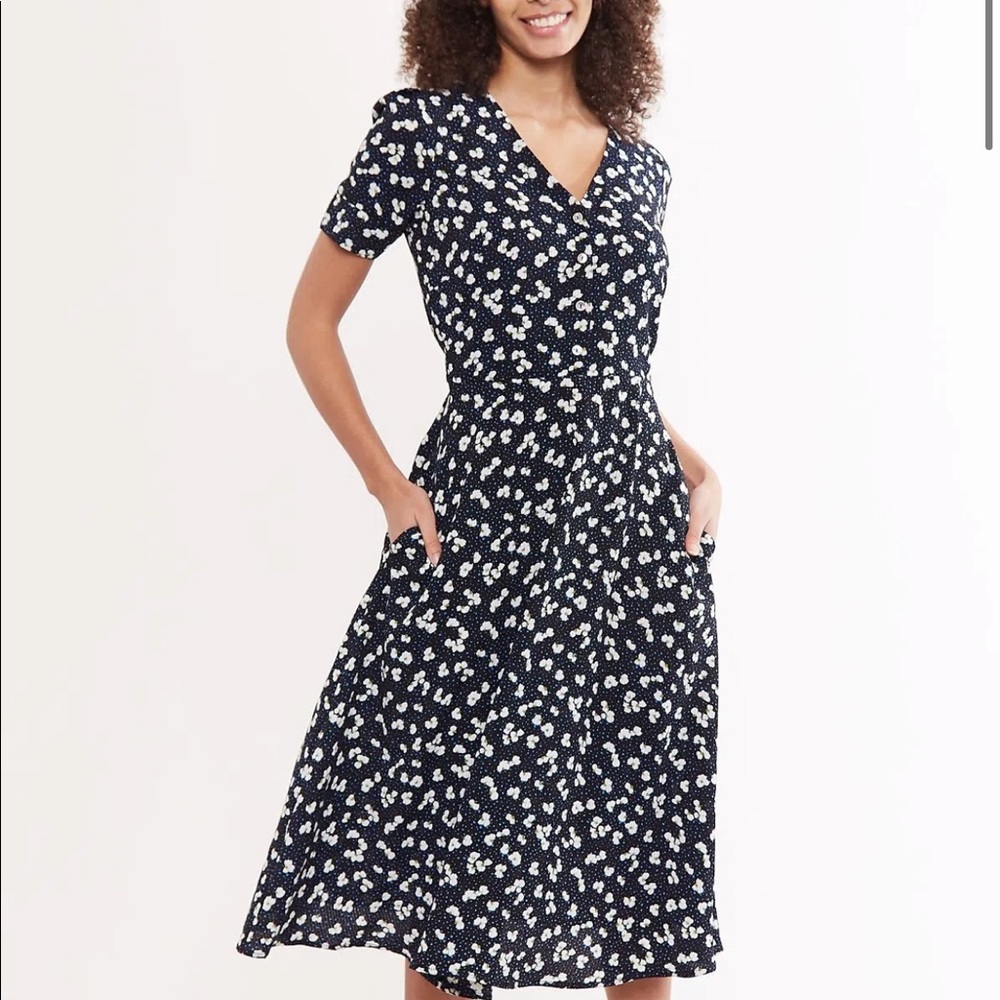 Navy Floral Midi Dress with V-Neck Uk 14 Us 10 Large